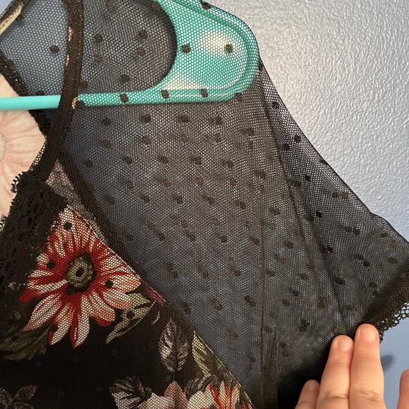 Torrid Black and Floral babydoll top with polka dot mesh overlay - plus size 1 - Picture 3 of 6
